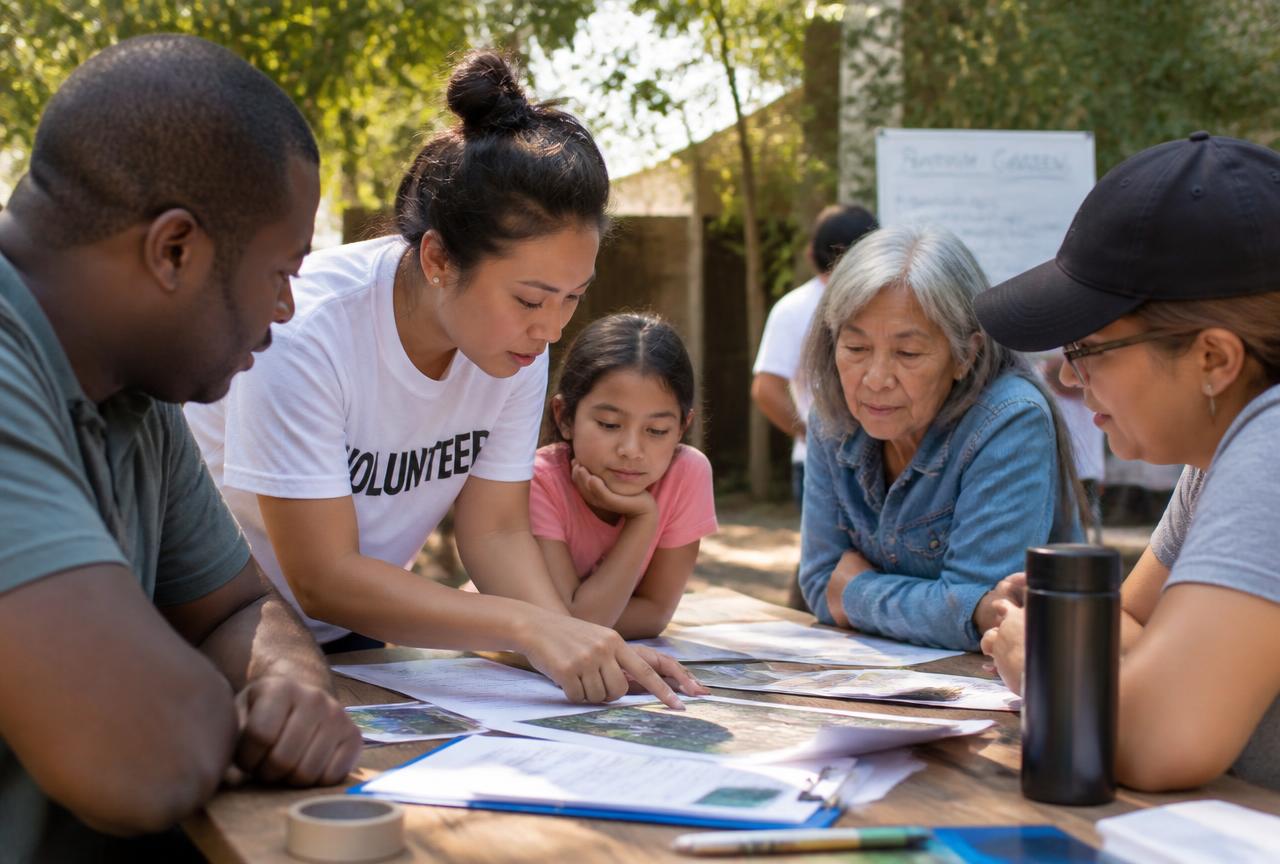 Volunteers and community members reviewing garden plans together at a wooden table outdoors