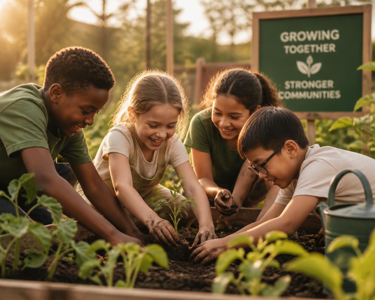 Diverse group of children planting seedlings together in a sunny community garden
